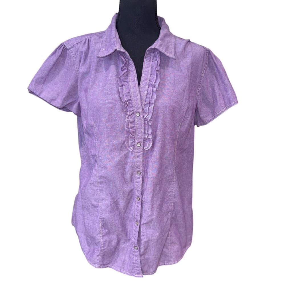 Bit & Bridle Womens XL Purple Short Slv Western Cowgirl Button-Down Ruffle Shirt